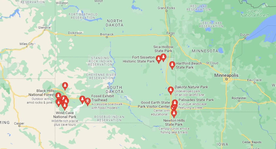 A map of South Dakota National Parks