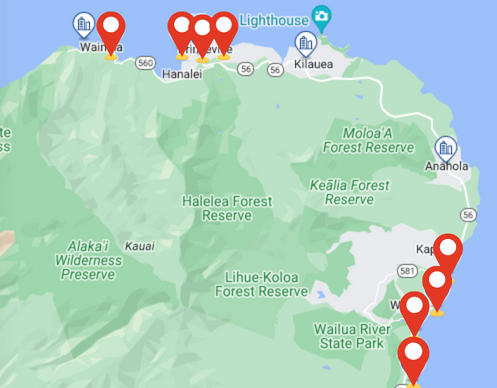 A map showing where to stay in Kauai