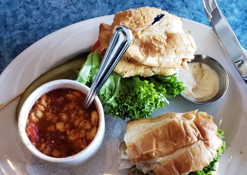 Fried fish sandwich with chowder At CJ’s on The Bay