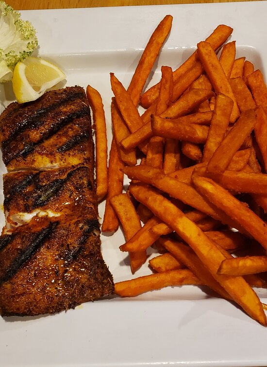 Blankened Cobia With Sweet Potatoes Fries At Sunset Grille